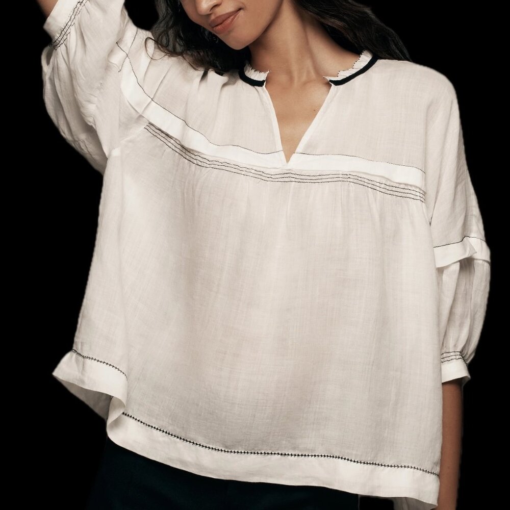 Anthropologie White Cotton Peasant Blouse with Black Trim